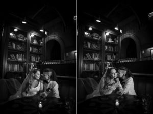 Two black and white photos capturing a wedding celebration in New York, with the bride and groom joyfully seated at a table.