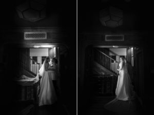 Two black and white photos of a bride standing in a dark hallway during her New York wedding.