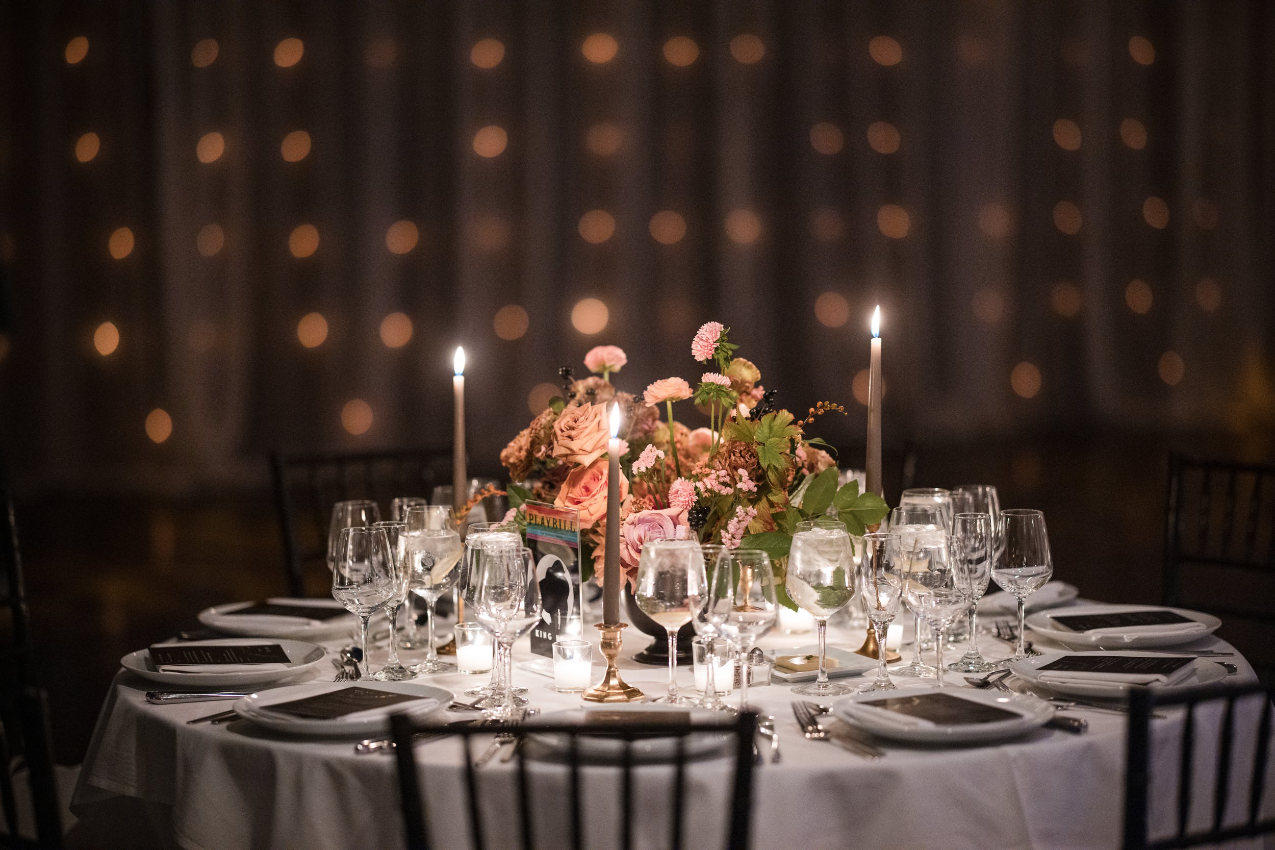 Table decoration and lighted backdrop curtain Tribeca Rooftop wedding
