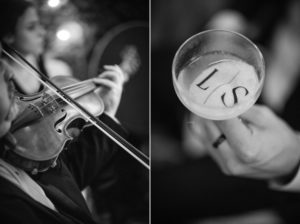 Black and white photos of a man playing a violin at a wedding soirée in New York, with a glass of wine on the side.