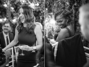 Two black and white wedding photos of a woman laughing at a party in New York.
