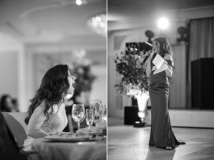 Two black and white photos of a woman giving a speech at a wedding in New York.