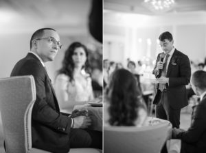 A black and white photo of a man giving a speech at a wedding in New York.