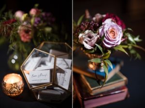 Two pictures of flowers and candles on a wedding table in New York.