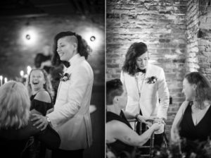 Two black and white photos capturing the beautiful moments of a bride and groom at their New York wedding.