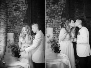 Two black and white photos of a bride and groom cutting their wedding cake in New York.