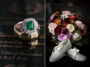 A stunning emerald ring and a pair of stylish shoes perfect for a New York wedding.