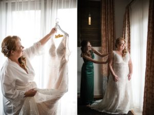 A New York bride preparing for her wedding in a stunning wedding dress.