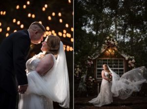 A newlywed couple sharing a tender kiss amidst the captivating glow of twinkling lights, creating an enchanting atmosphere reminiscent of a romantic New York wedding.