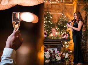 A bride is holding a glass of champagne at her wedding reception in New York.