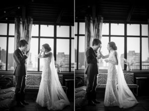Two black and white wedding photos of a bride and groom in front of a window in New York.