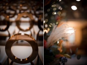 A lavish wedding ceremony takes place in New York City, featuring elegant gold chairs and delicate feather accents.