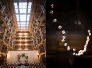 A New York wedding ceremony in a library with lights hanging from the ceiling.