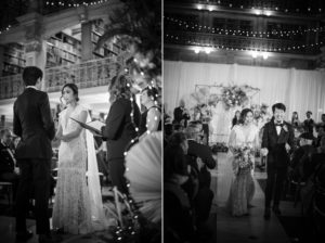 A black and white photo of a bride and groom walking down the aisle during their wedding in New York.