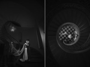 Two black and white photos of a bride and groom on a spiral staircase in New York during their wedding.
