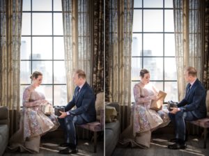 Two pictures of a bride and groom sitting in front of a window in New York on their wedding day.