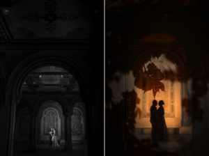 Two pictures of a couple standing in a dark room, capturing the intimate ambiance of their wedding in New York.