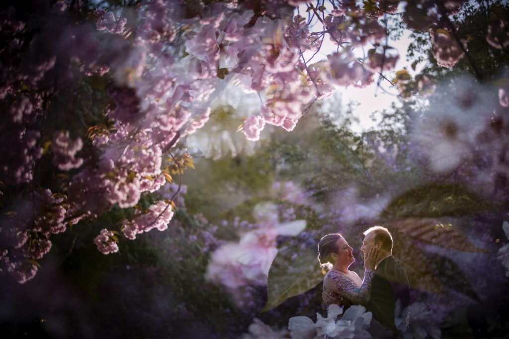 A couple kisses under a cherry blossom tree during their romantic wedding ceremony in New York.
