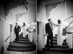 Two black and white photos of a bride and groom on the stairs at their New York City wedding.