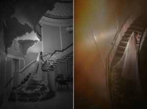 Two wedding photos of a bride standing on a staircase in New York.