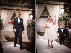 A man and a little girl walking down the aisle at a wedding in New York.