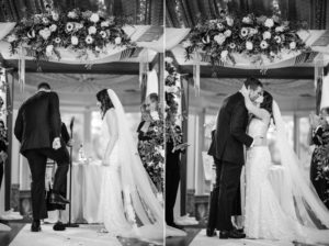 A bride and groom kiss during their wedding ceremony in New York.