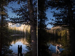 Two pictures of a newlywed couple standing in front of a picturesque lake in New York.
