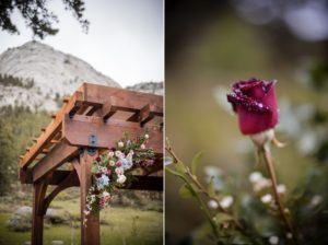 A wedding ceremony in New York with a red rose in front of a mountain.