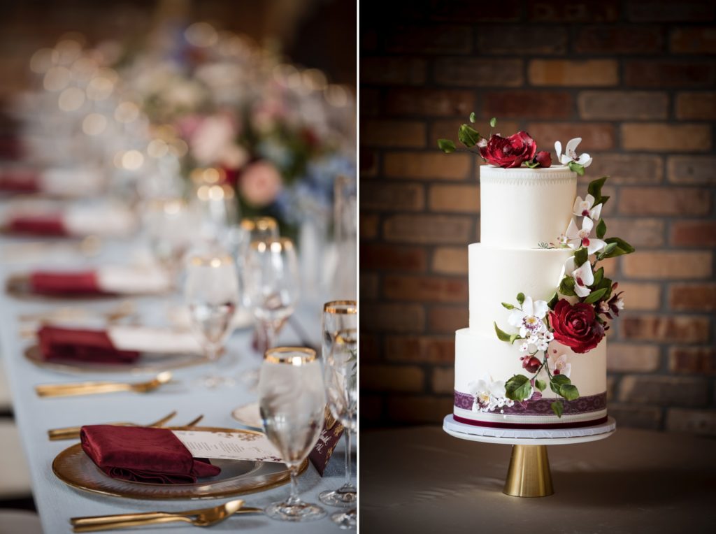 Two pictures of a wedding cake with burgundy flowers in New York.