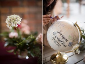 A wedding reception in New York with flowers and a globe on the table.