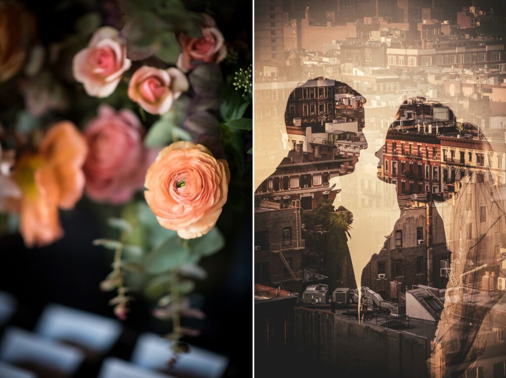 A bride and groom are silhouetted in front of the Bowery Hotel, surrounded by flowers.