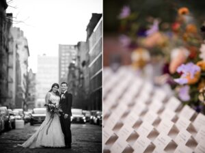 A bride and groom standing in front of the Bowery Hotel on their wedding day.