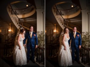 first look on staircase Genesee Valley Club Wedding