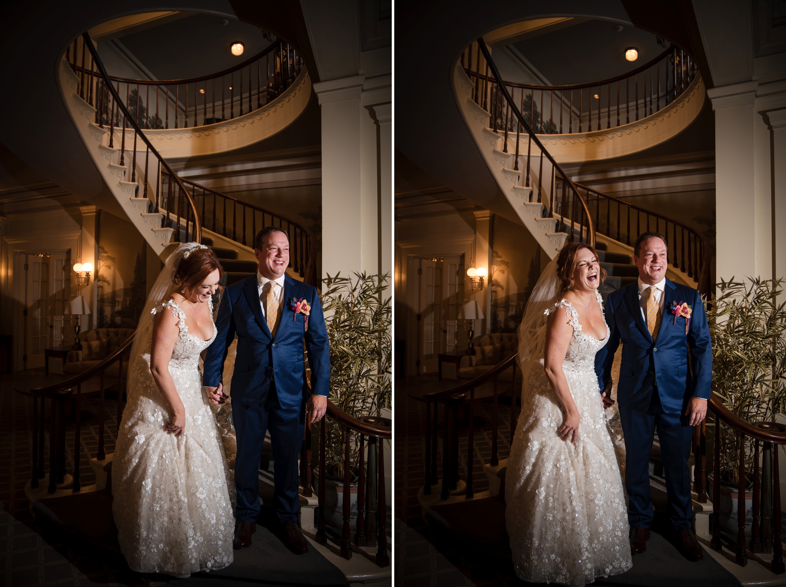 first look on staircase Genesee Valley Club Wedding