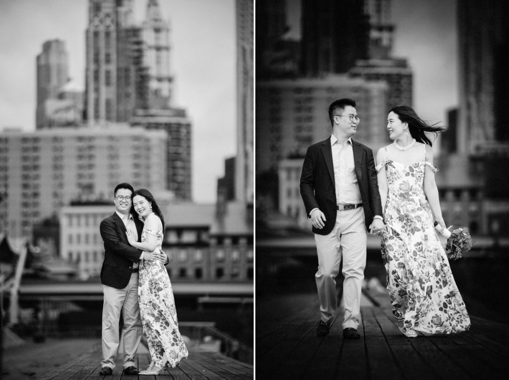  Two black and white photos of an engaged couple walking on a pier in Melbourne.