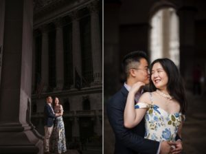 An Asian couple, dressed in wedding attire, posing in front of a building in New York.