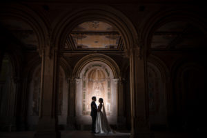 couple under bethesda terrace at night wedding photography