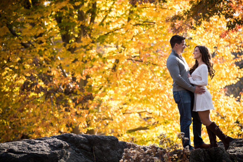 engagement session in central park with gold leaves and fall colors