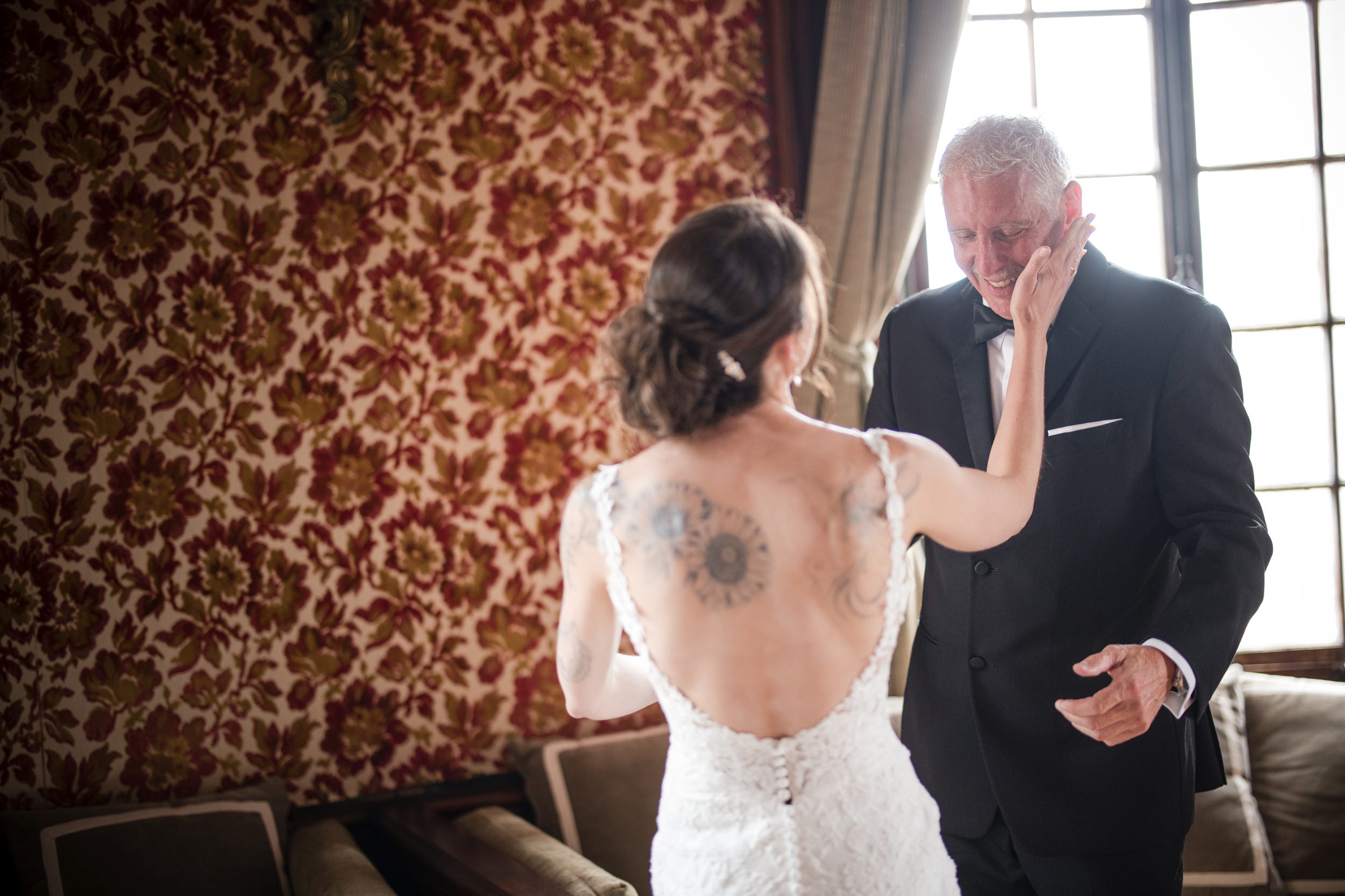 bourne mansion wedding first look with dad indoors