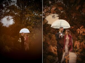 portico awbury arboretum wedding bride groom outside fall leaves