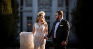 bourne mansion wedding bride groom front of building