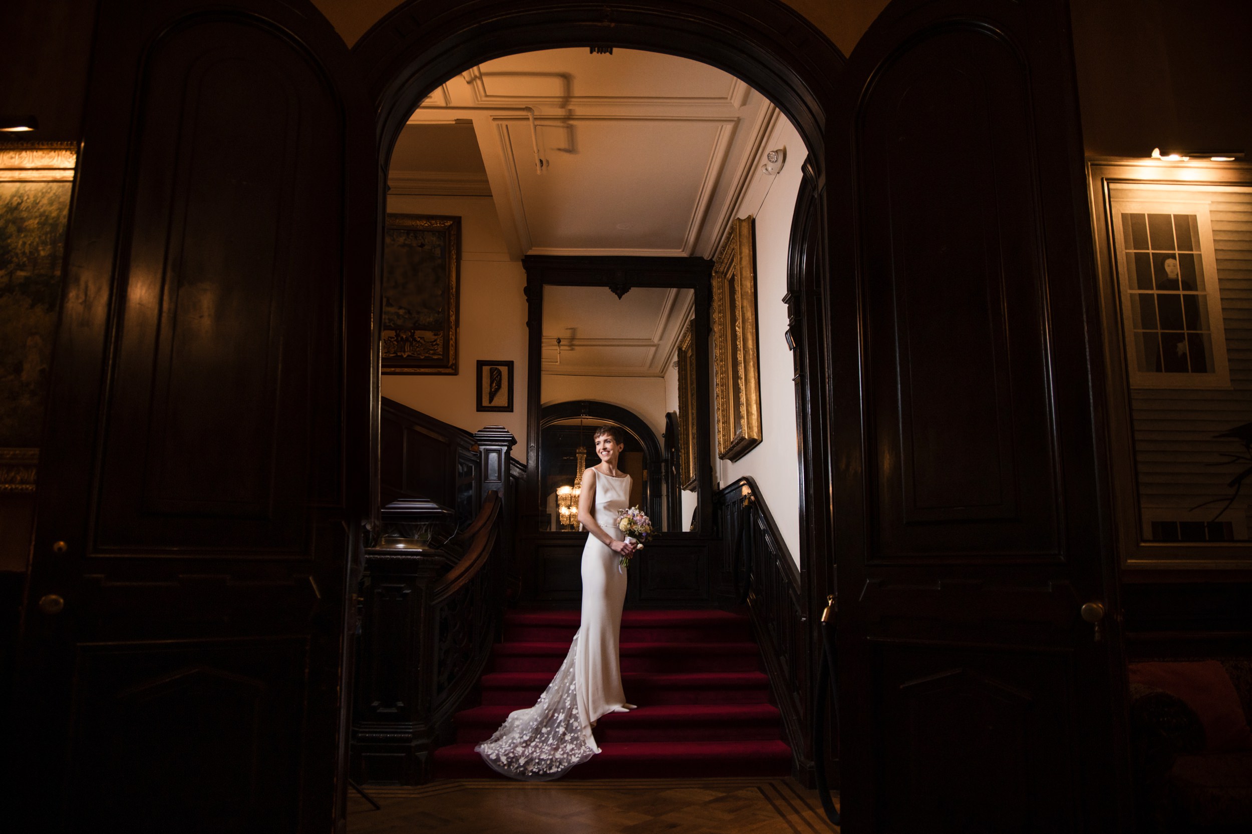 national arts club nyc wedding bride on grand staircase