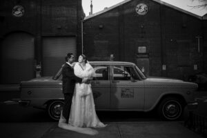 brooklyn winery wedding bride and groom with vintage cab