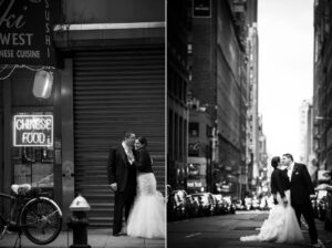 A wedding couple kiss in front of a bicycle in a city, outside the elegant Gotham Hall.