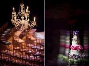 Two pictures of a wedding cake and a chandelier in the elegant setting of Gotham Hall.