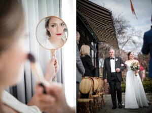 A bride is getting ready in front of a mirror at the River Cafe