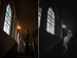 sleepy hollow country club wedding photos on grand staircase