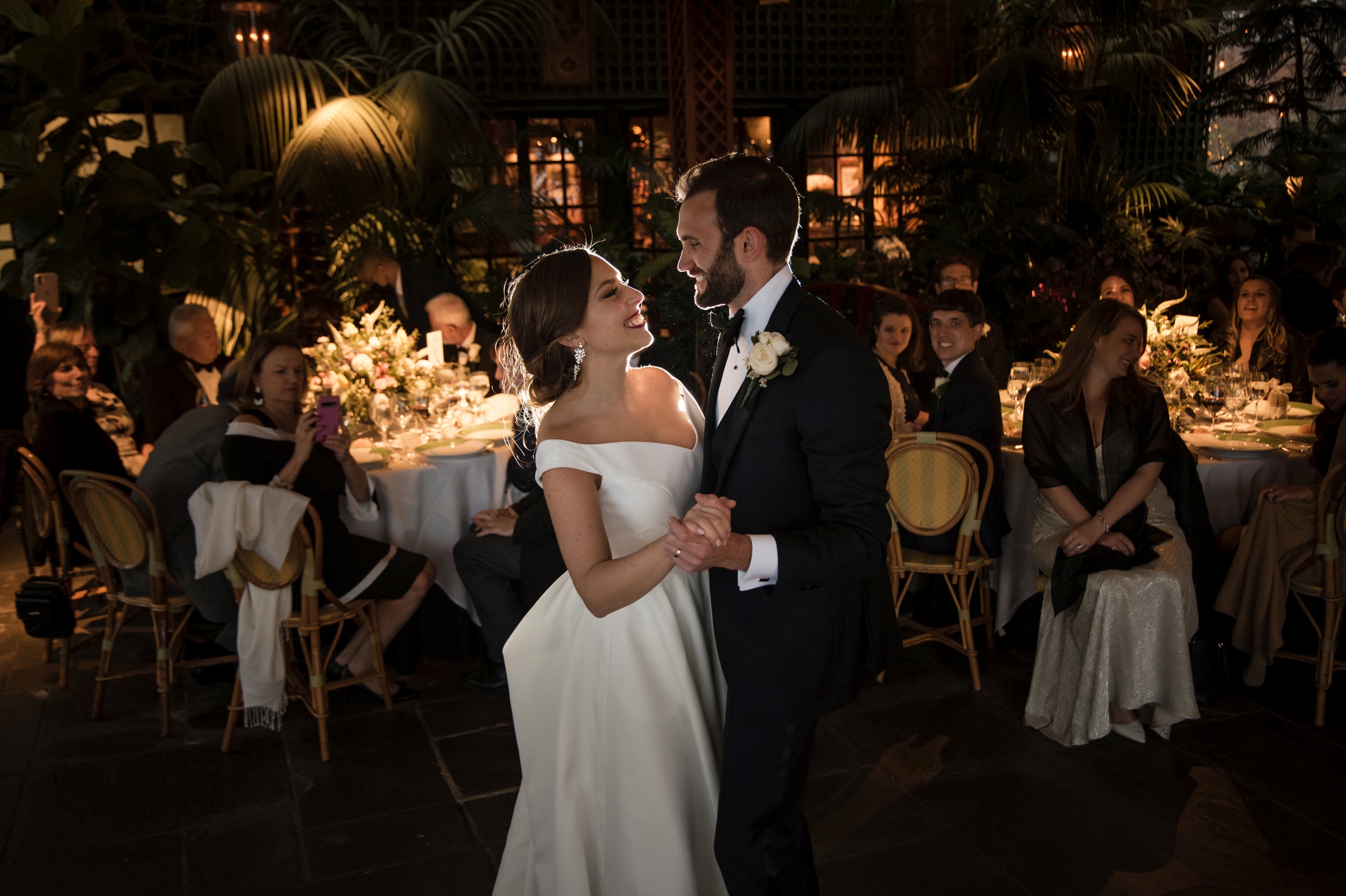 A bride and groom sharing their first dance at a River Cafe wedding reception