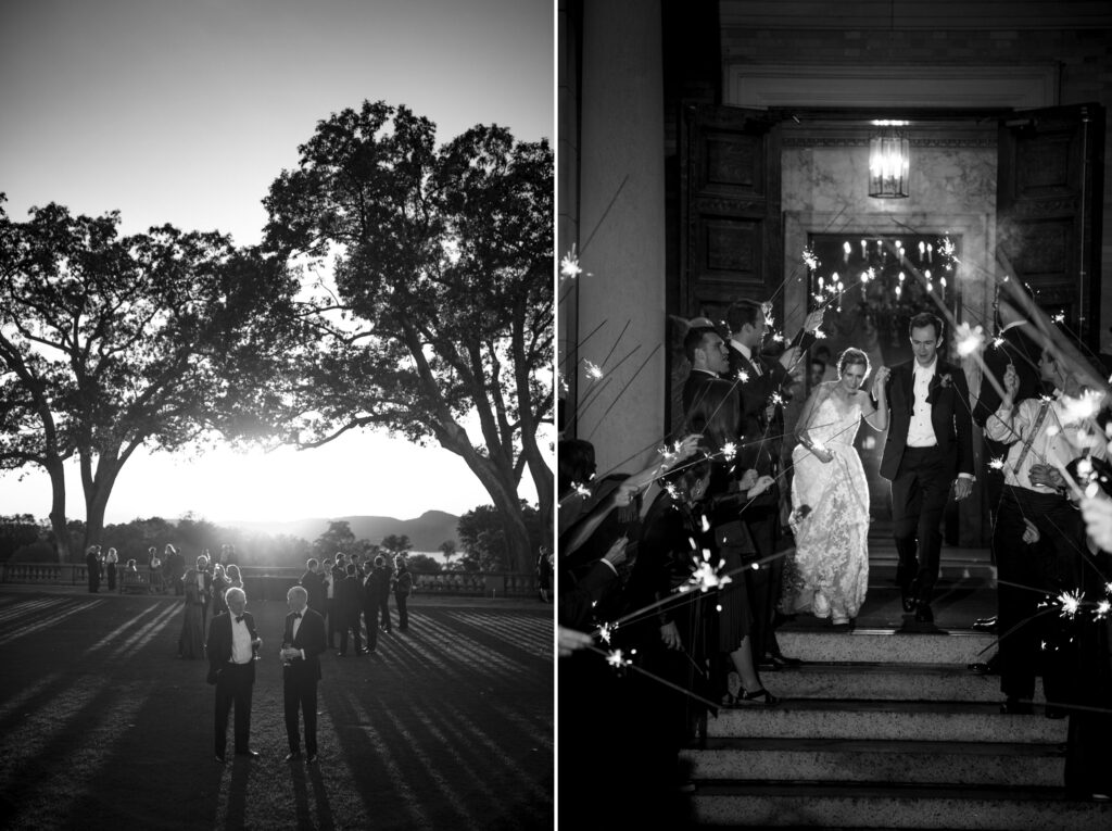 sleepy hollow country club sparkler exit on stairs shared in a Sleepy Hollow Country Club Wedding Guide