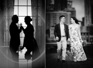 An elopement couple is silhouetted in front of a window in NYC.